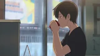 Young man drinking coffee by city window — Weathering with You